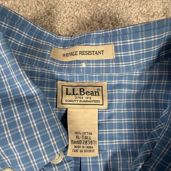 LL Bean Mens Long Sleeve Button Up Shirt XL Tall Blue Checkered Cotton - Picture 4 of 8